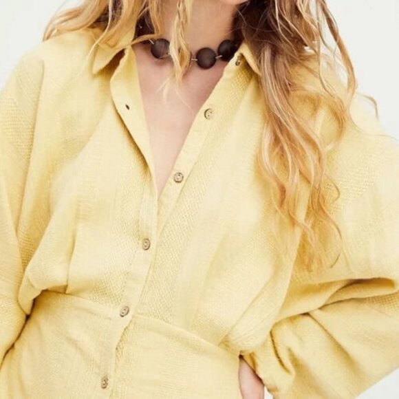 Free People Moni Mini Dress Buttondown Textured Yellow M - Picture 2 of 7
